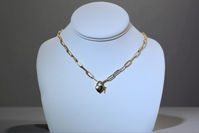 18K Yellow Gold Paperclip Link Necklace Heart Lock and Key Charms Polished Statement