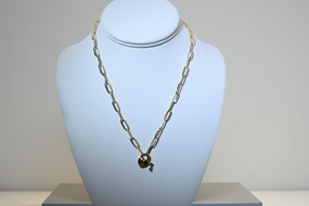 18K Yellow Gold Paperclip Link Necklace Heart Lock and Key Charms Polished Statement